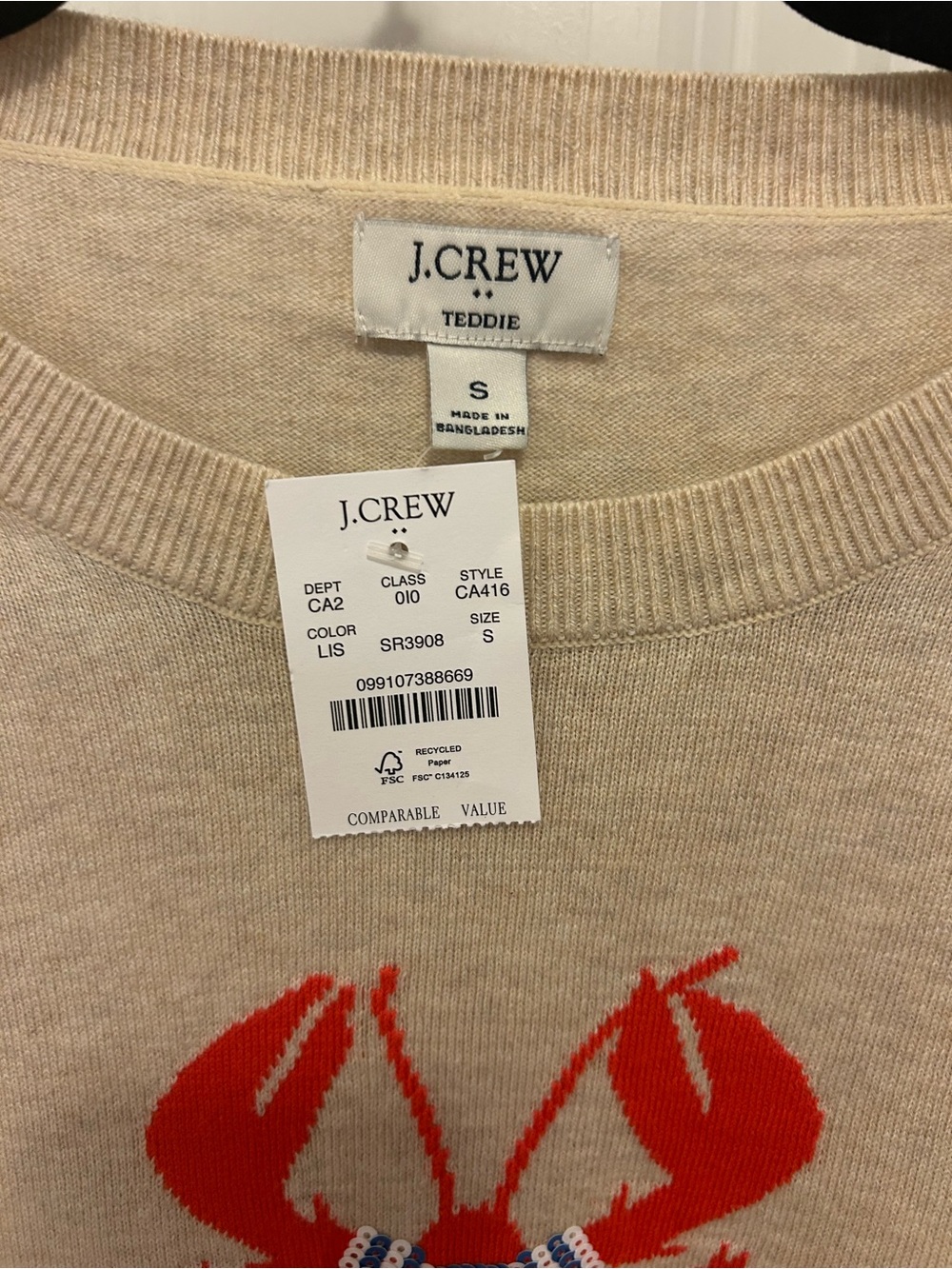J. Crew Cream Crewneck Sweater with Red Lobster Graphic - Picture 2 of 3